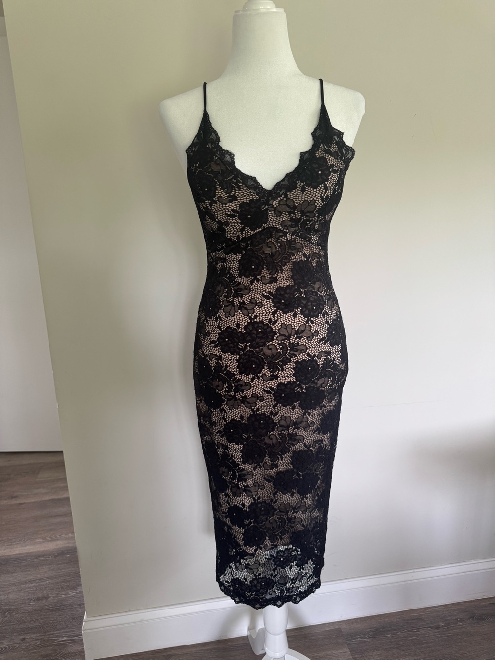 Pink Owl Black Lace Dress with Nude Lining Size M